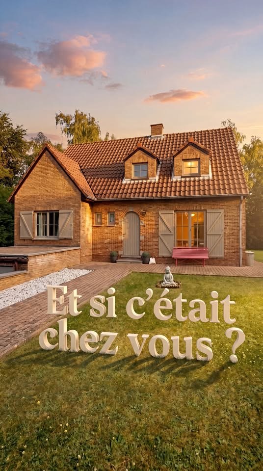 « Et si c’était chez vous ? » en lettres sur la pelouse d’une maison en briques au couchant