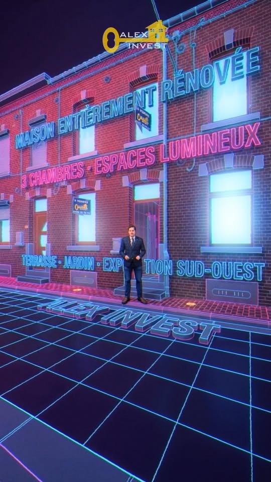 Façade en briques redessinée en néons roses et bleus, l’agent immobilier au centre